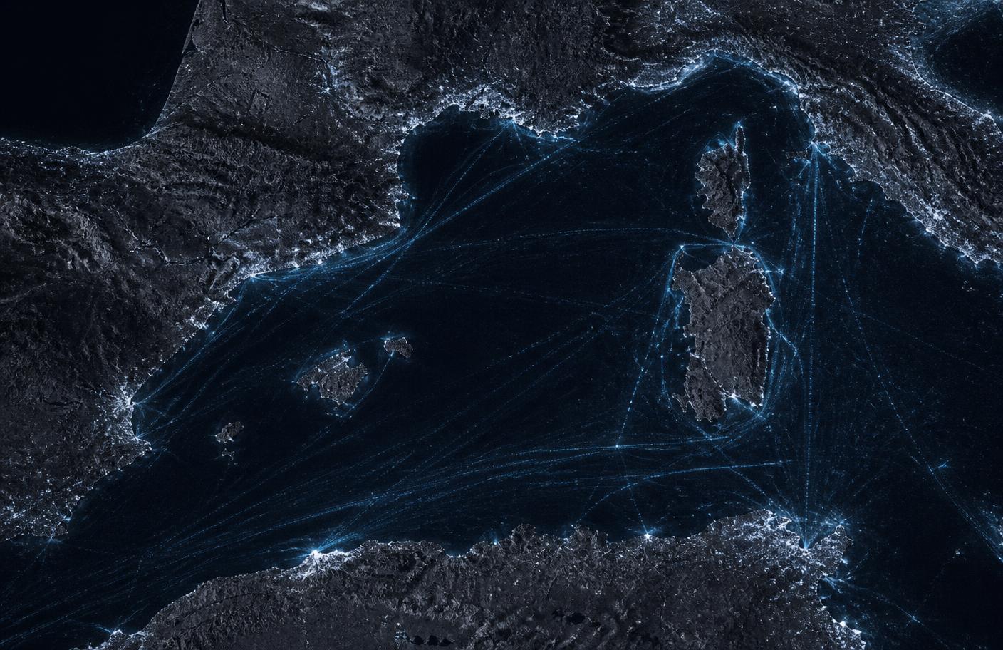 Satellite view of vessel routes across the Mediterranean